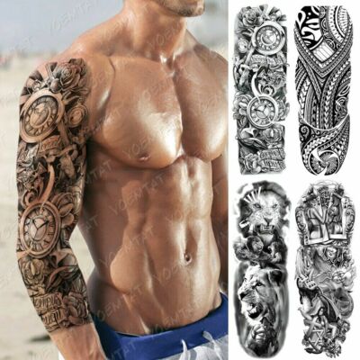 Large Arm Sleeve Tattoo Clock Rose Dragon Waterproof Temporary