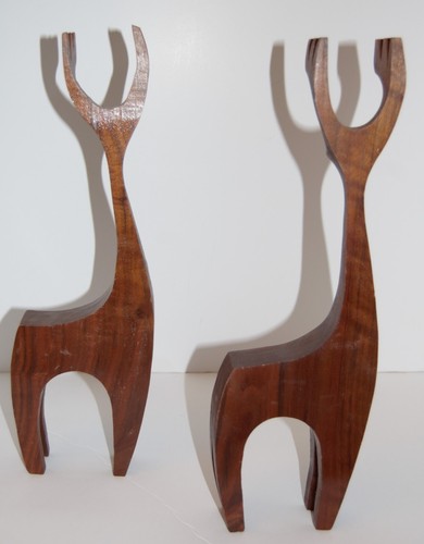 Vintage MCM Wooden Reindeer Hand Crafted Minimalist Danish 14" Set of 2 #27 - Picture 2 of 3