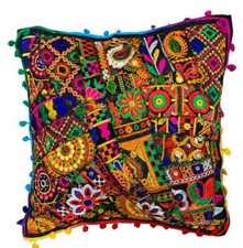 Fundas de cojín de seda étnica Gujarati Mandala Sari indio retazos pompones 40 cms