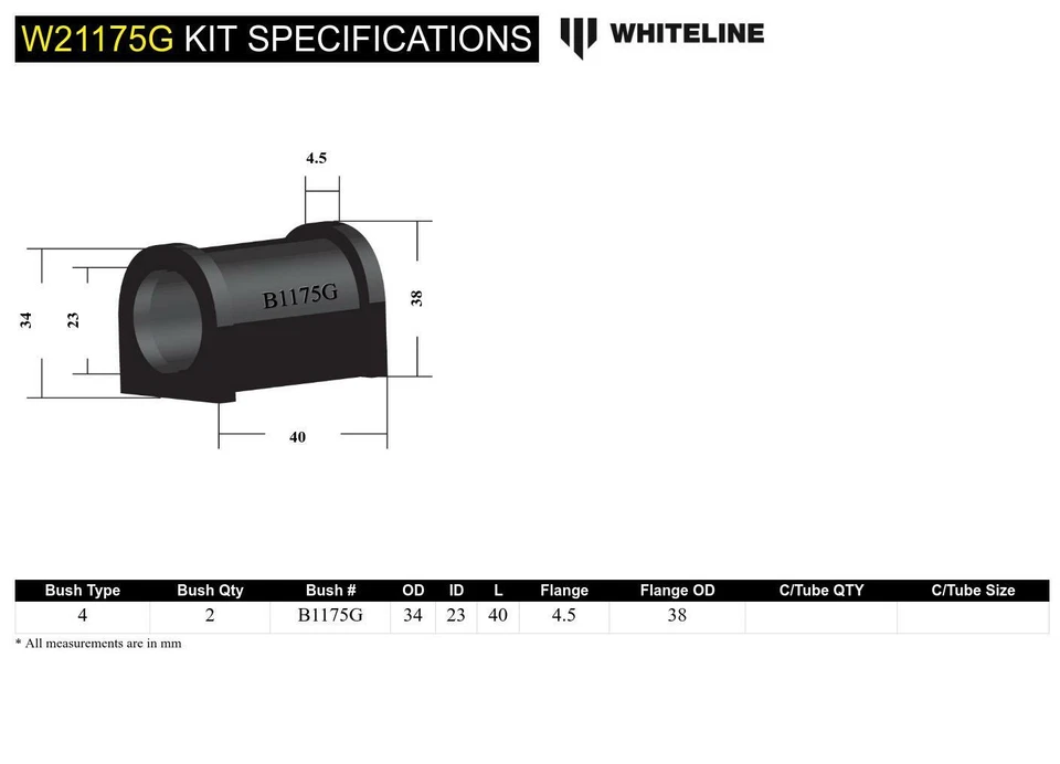 WHITELINE W21175G FRONT SWAY BAR MOUNT BUSH KIT for TOYOTA LANDCRUISER 70 / 80 — 第 2/2 张图片