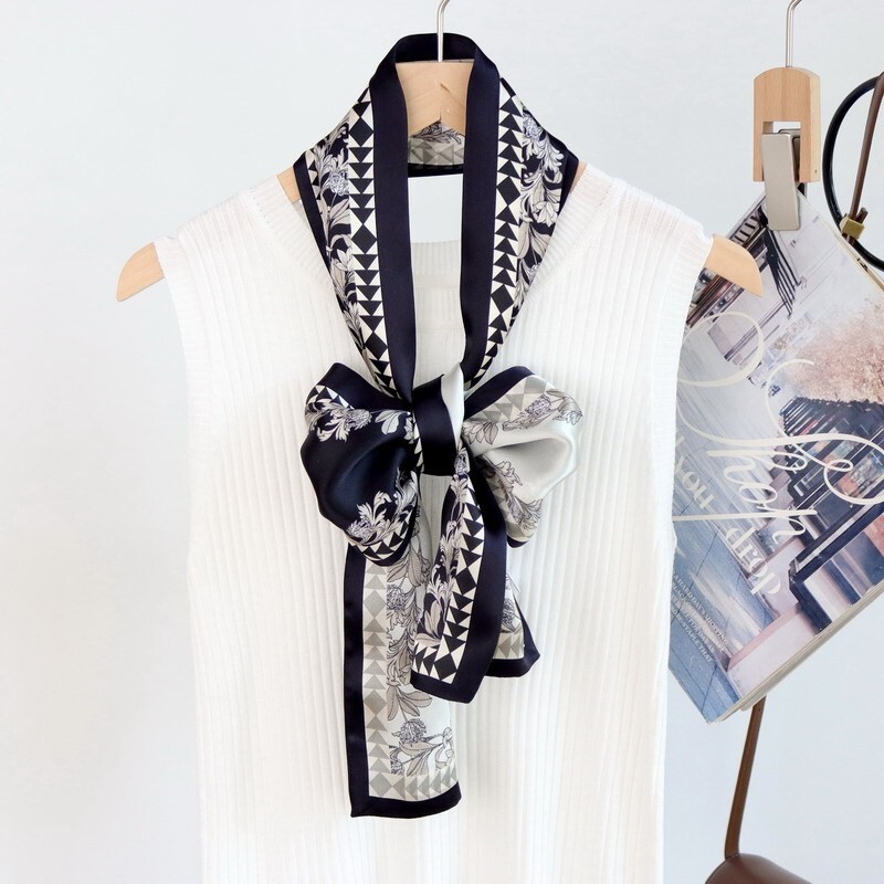 Double Side 100% Silk Long Scarf Women's Neckerchief Tied Black White ...