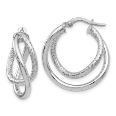 Real 10kt White Gold Polished and Textured Fancy Hoop Earrings
