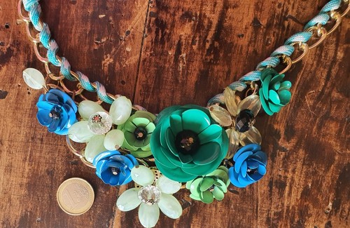 Collana ESTIVA πΈ FIORI π ROSE metallo VERDE π’ BLU π΅ perline CATENINA collier - Foto 14 di 15