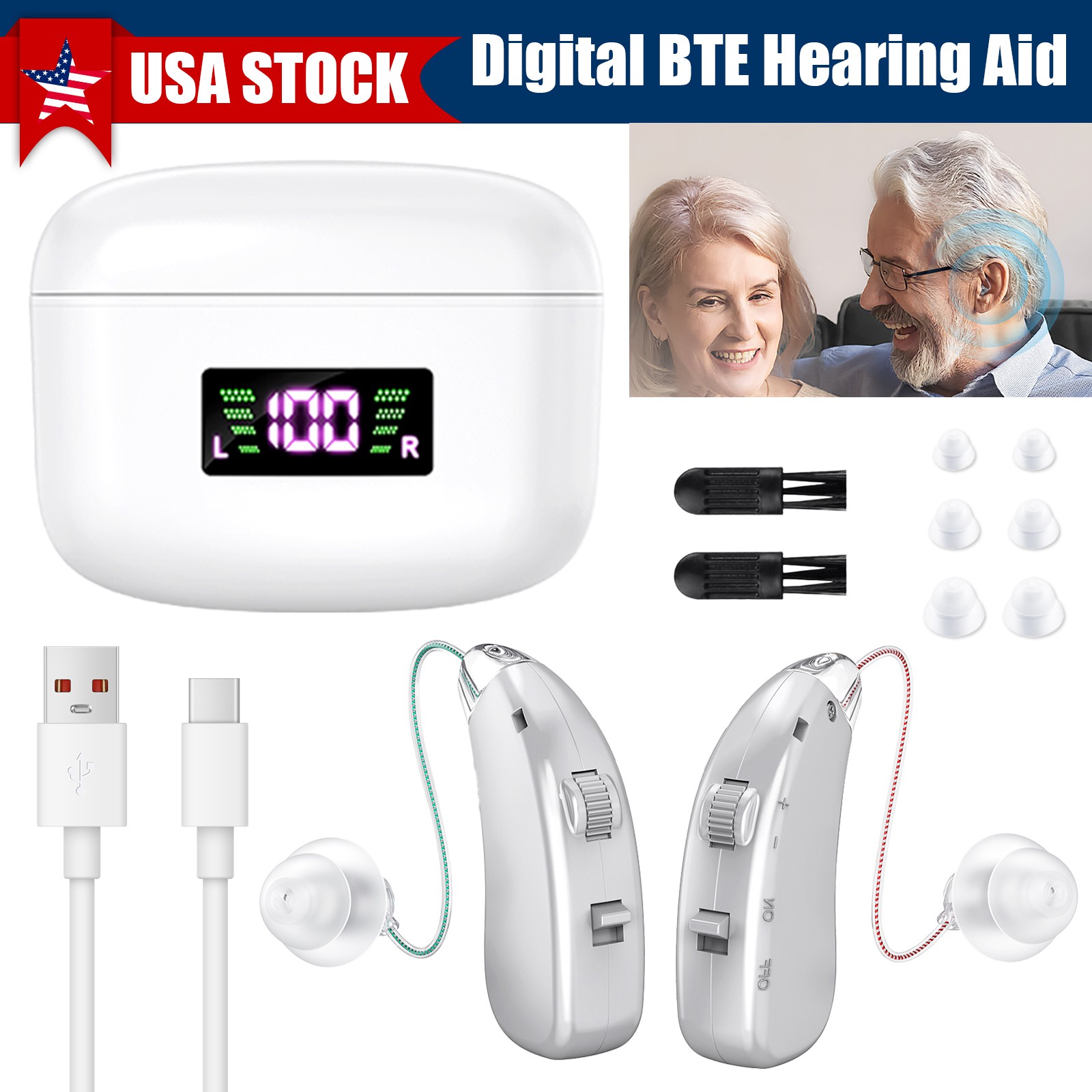 Severe Hearing Loss BTE Digital Rechargeable Hearing Aid Portable Charging Case