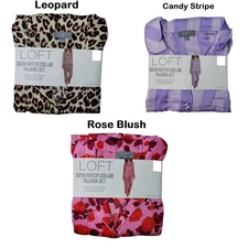 LOFT Women's Button Down Elastic Waistband Satin Notch Collar Pajama Set