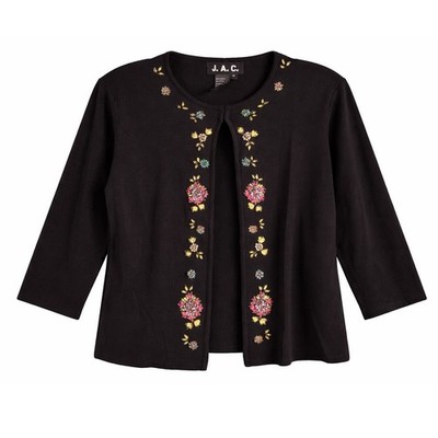 J.A.C. Vintage Black Beaded Floral Knit Cardigan Open Front 3/4 Sleeve Medium