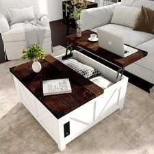 Farmhouse Lift Top Coffee Table with Storage & USB Port, White Wood Design