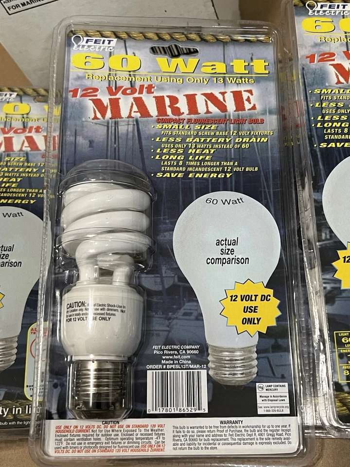 Feit Electric Marine 60W -13W 2700k White Spiral CFL Light Bulbs (Case of 6) NOS - Image 4 of 4
