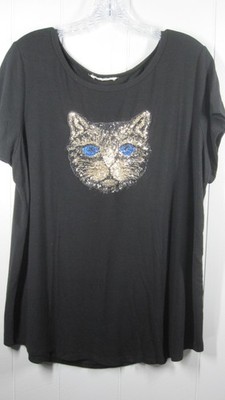 Vintage Tee Women's 1X Black Pullover Sequined Cat Novelty Crazy Cat Lady Bling