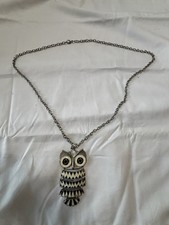 Vgt Silver Tone And Enamel Owl Pendant. 17 Length