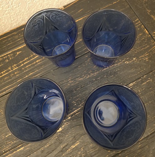 4 Hazel Atlas Royal Lace Tumbler 4.25" Cobalt Blue Depression Glass Set Vintage - Picture 5 of 8