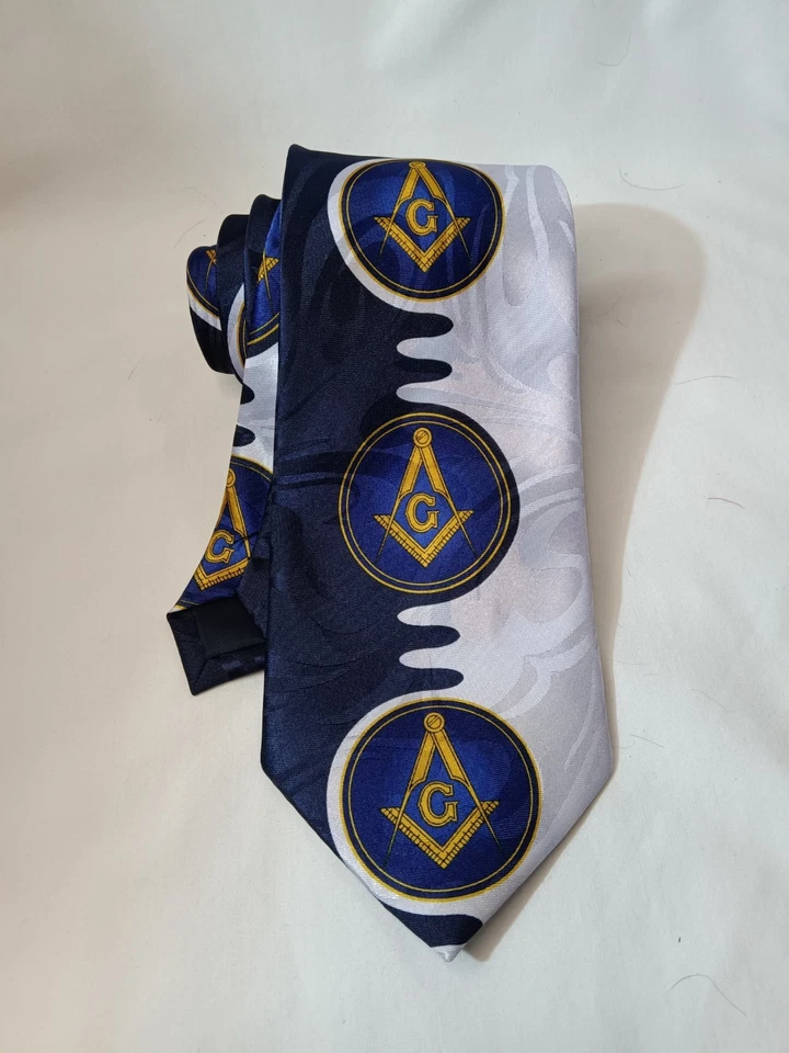 Freemason Masonic "G" Necktie by Steven Harris. Navy, White, Gray, Gold, Yellow - Image 4 of 4