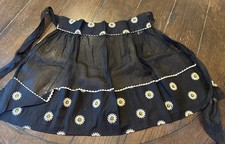 Vintage Gingham Girl Half Apron Black Daisy Ric Rac Pockets Retro Cottagecore