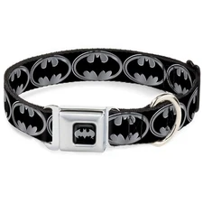 Dog Collar Seatbelt Buckle Batman Shield Black Silver 15 to 26 Inches 1.0 Inc...