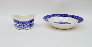 Lot of 2 Blue Willow Japan Cobalt Large Rim Soup Bowl & Double Spout Gravy Boat