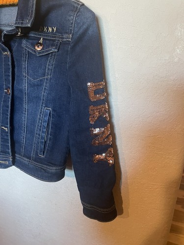 DKNY Designer Denim Jacket Girls Small Sequin Dark Wash Jean Jacket - Picture 3 of 8