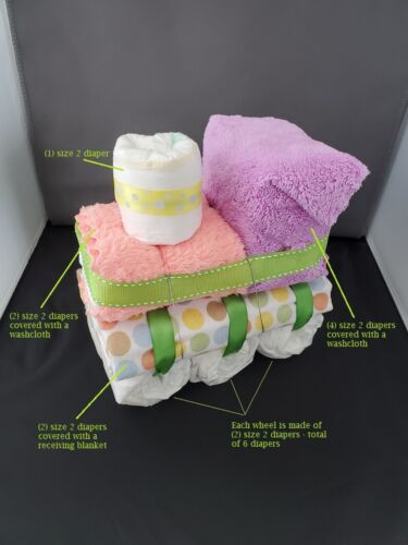Train diaper cake - Peach, green, flowers - Picture 1 of 3