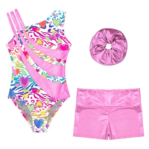 Kids Girls Romper Asymmetrical Leotard Hair Band Playsuit Teamwear Dancewear - Picture 52 of 65