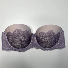 Victoria Secret Strapless Bra 34D Underwire Purple Lace Padded Cup