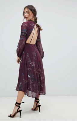 NWT Hope & Ivy Long Sleeve Open Back Midi Dress - Crochet Trim Bird Print  (US 0) | eBay
