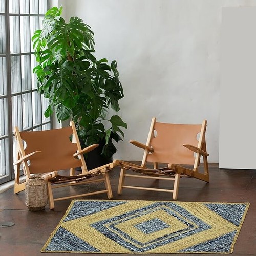 Blue Braided Chindi Cotton & Jute Rug Geometric Kilim Rug Indoor Outdoor Use - Picture 2 of 14