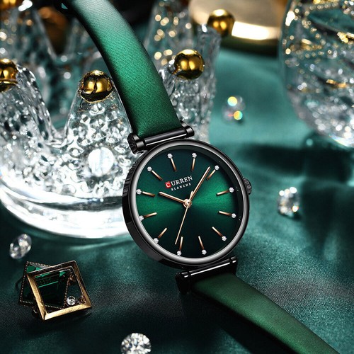 CURREN Women Leather Watch Fashion Green Dial Watches Girl Rhinestone Wristwatch - Picture 5 of 24