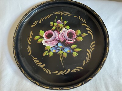 Vintage E.T. Nash Co Tole Painted 11  Tray Pink Flowers