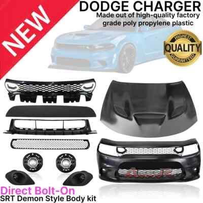 Front Bumper W/Grille Fog Lights + Hellcat Hood For 2015-2023 Dodge Charger SRT