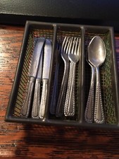 12 Piece Vintage DOLLHOUSE Metal MINIATURE FLATWARE SET Germany w/DIVIDED TRAY