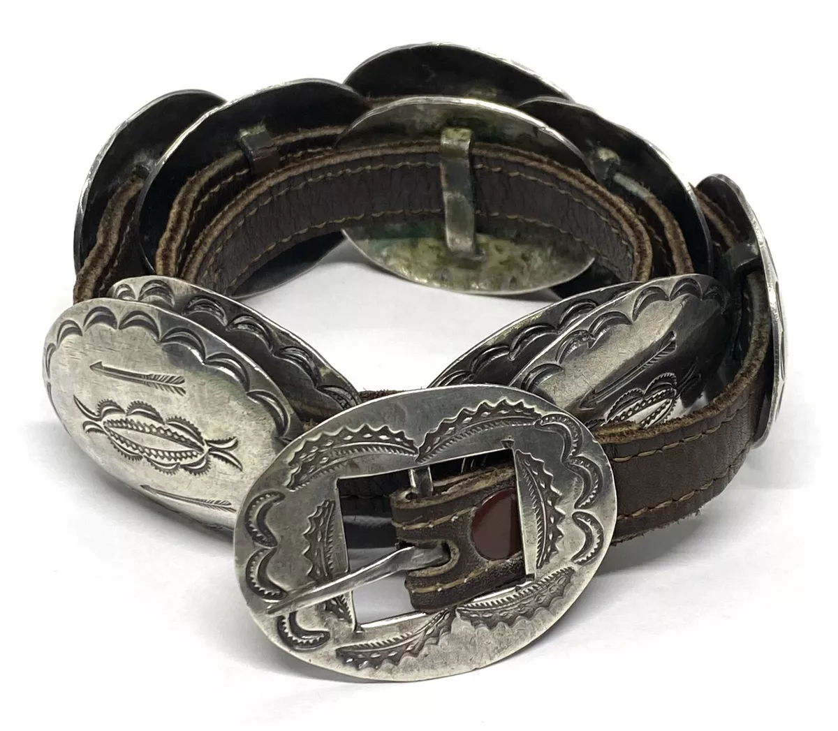Vintage Native American Sterling Silver Brown Leather Concho Belt