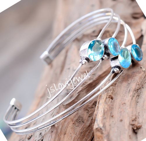 London Blue Topaz Gemstone 925 Sterling Silver Bangle Cuff Gift For Function - Picture 2 of 5