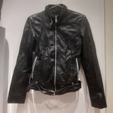 Vintage Y2k Krisp Black Real Leather Biker Jacket W/ Silver Zip Detail & Belt