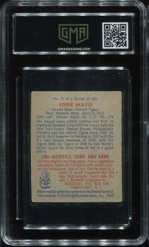 1949 Bowman #75 Eddie Mayo Detroit Tigers - Rookie Card - GMA 3.5 VG+ - Picture 2 of 2