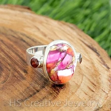 Kingman Pink Dahlia Turquoise & Garnet 925 Sterling Silver Handmade Ring