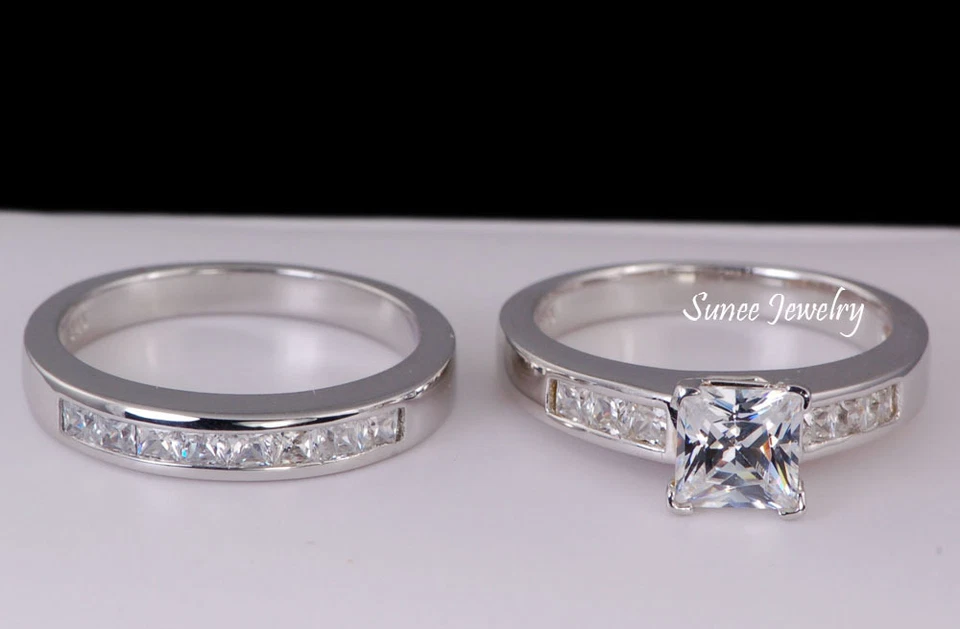 His and Hers女式订婚结婚戒指套装 925 模拟公主切割 — 第 2/3 张图片