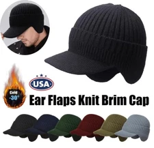Knit Ear Flaps Cap Brim Ski Hat Winter Warm Stretch Beanie Outdoor Men Women Hat