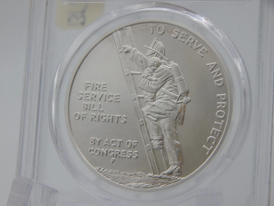 1992-P FIRE SERVICE SILVER MEDAL PCGS GEM UNC SCULPTOR SIGNED T.D. ROGERS SR 633 - Image 2 of 4