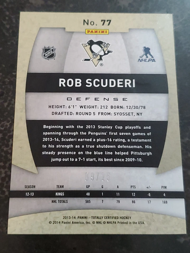 2013-14 Totally Certified Mirror Platinum Red Serial #'d /25 Rob Scuderi Penguin - Image 3 of 3