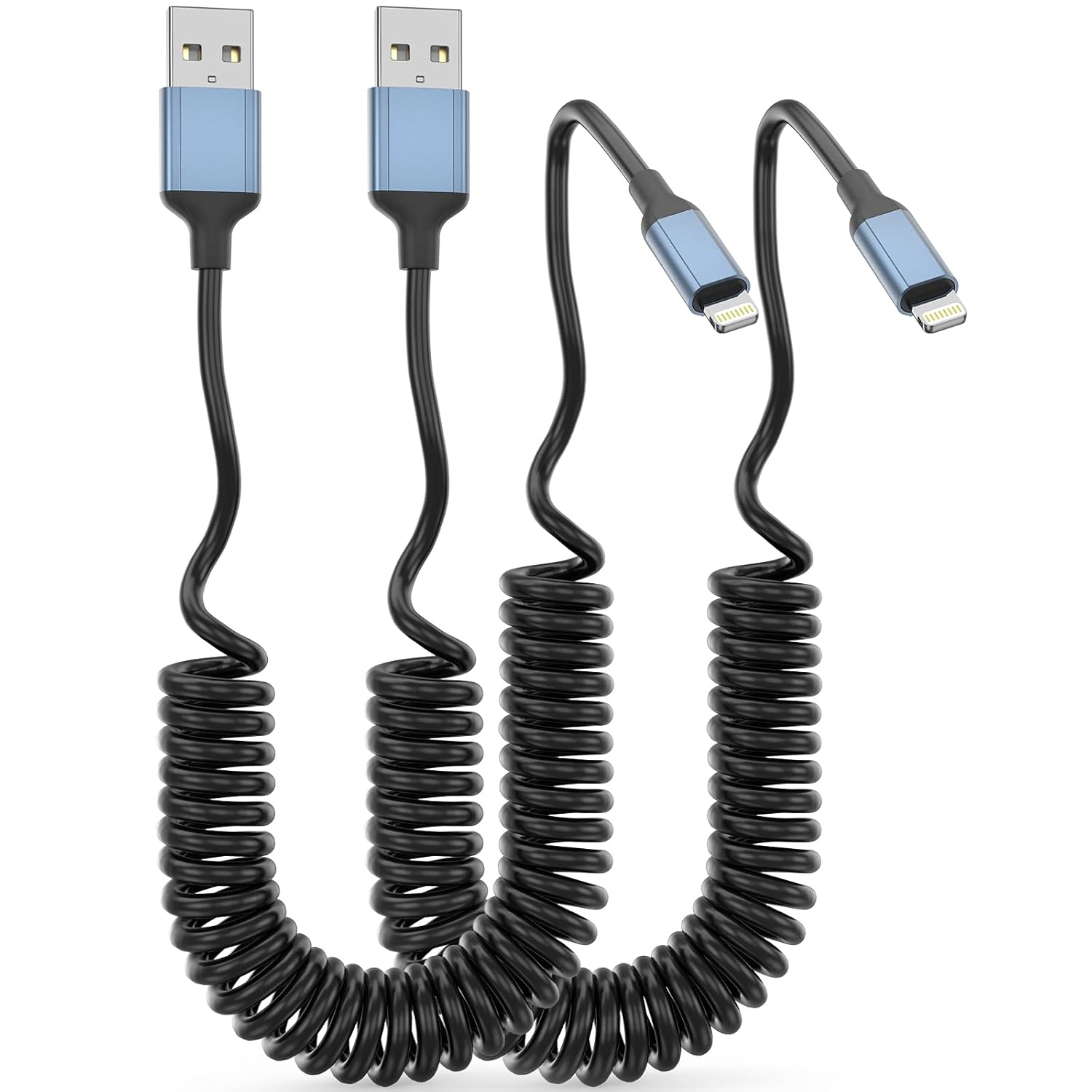 MFI Certified Retractable Coiled Lightning Cable for Car - 2 Pack iPhone Charger-image