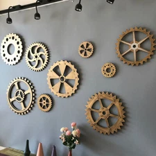 Vintage Gold Wood Wheel Gear Ornaments Steampunk Bar Pub Garage Art Wall Decor