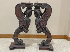 Pair Antique WINGED NUDE WOMAN CARVED WOOD CORBELS - 24" - ARCHITECTURAL SALVAGE