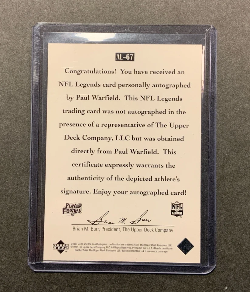 1997 Upper Deck NFL Legends Autographs PAUL WARFIELD #AL-67, MIAMI DOLPHINS - Image 2 of 2