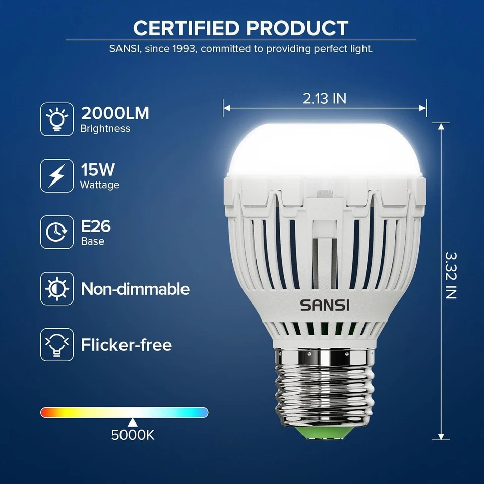 SANSI 15W=130W A15 LED Light Bulb, 2000LM 5000K Daylight White Bulb for Home - Image 2 of 4