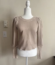 Free People One Womens Small Textured Thermal Puff Sleeve Top Boho Hippie