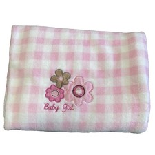 HTF Carter's Just One Year Pink Baby Girl Blanket Flower Fleece Embroidery Brown
