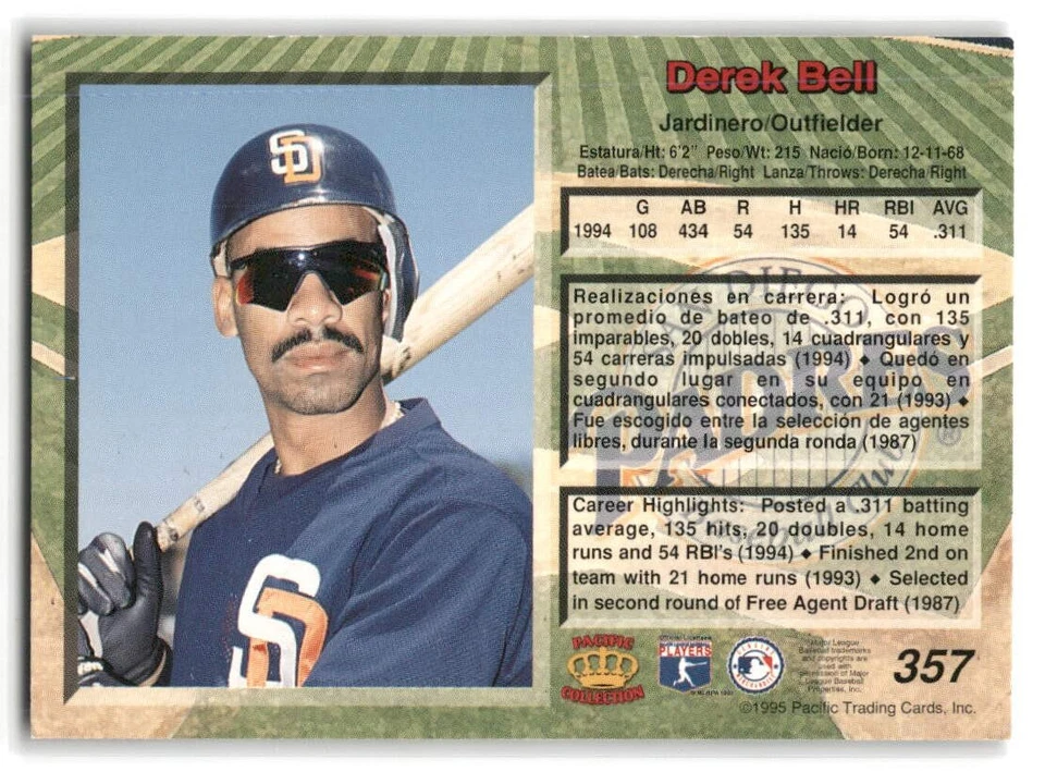 Derek Bell 1995 Pacific Baseball #357 San Diego Padres - Image 2 of 2