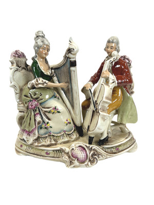 Grafenthal GDR  German Porcelain Figural Male Female Duet Harp Cello AR Mark 8 