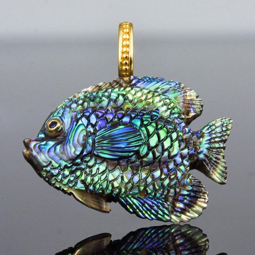Fisch Anhänger Geschnitzter Abalone-Muschel Gold Vermeil Silber Saphir - Bild 1 von 13