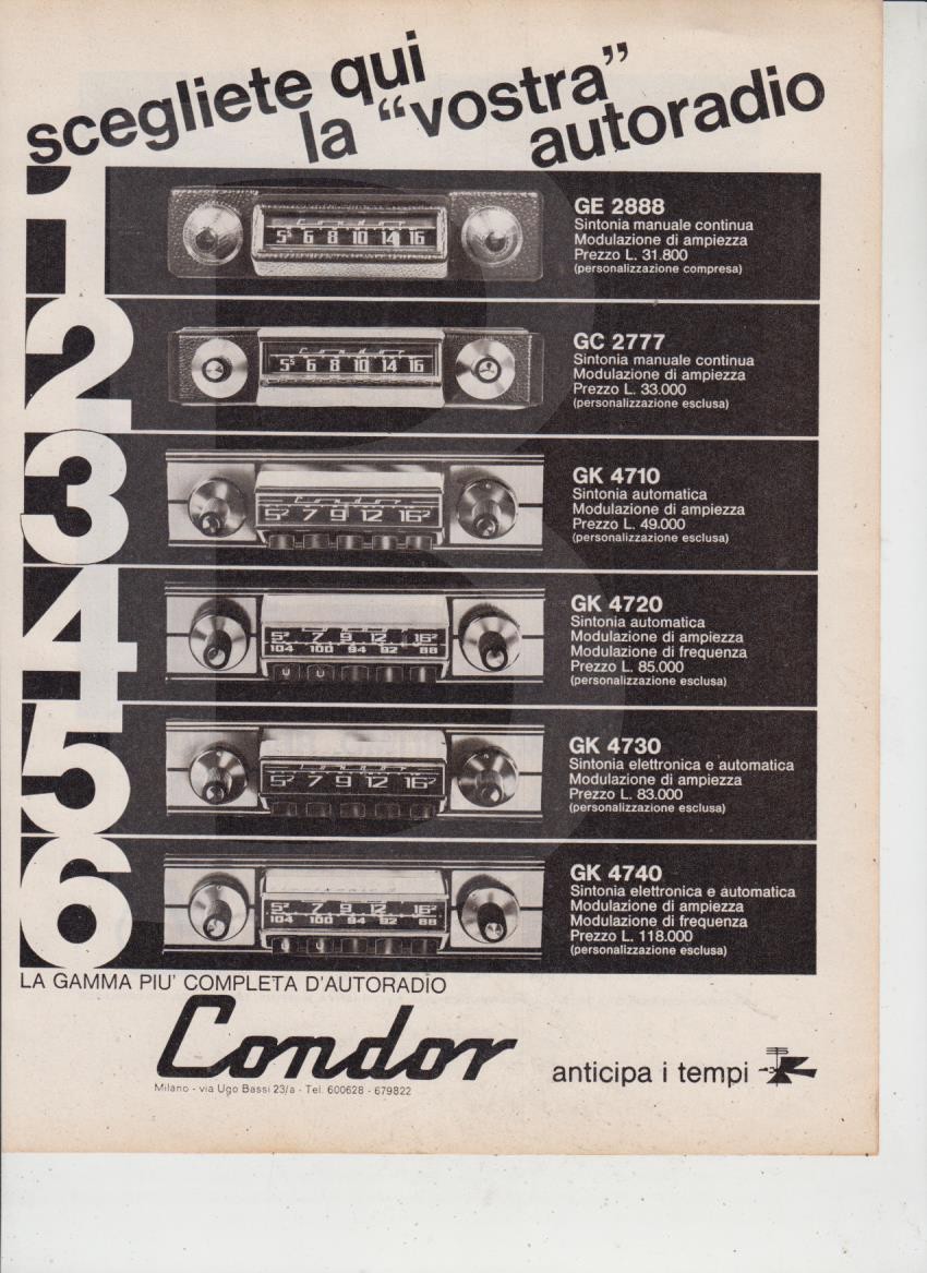 advertising PUBBLICITA'  AUTORADIO CONDOR   1966 VINTAGE CAR PARTS
