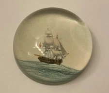 Signed John Derian Domed Glass Paperweight Decoupage Tall Ship